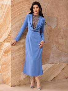 Modelyn Đầm dài ôm sát eo cổ xếp ly thời trang dành cho nữ - Màu xanh lam - Xem 5