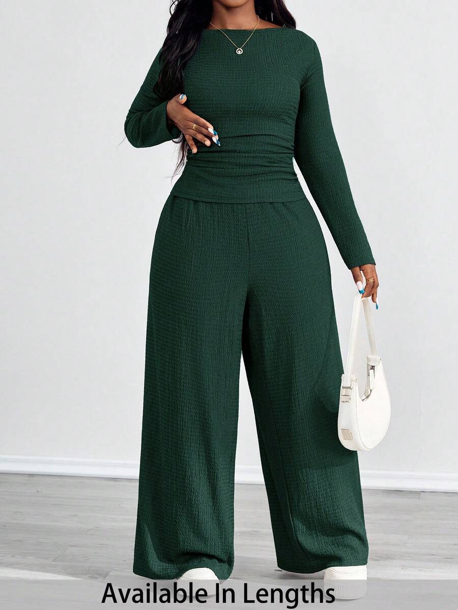 SHEIN PETITE CURVE 2pcs Plus Size Textured Brown Pleated Long Sleeve Top And Pockets Pants Set/Winter - Green - View 1