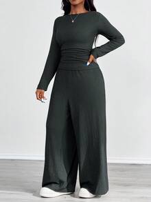 SHEIN PETITE CURVE مجموعة ملابس علوية كم طويل بطيات وبنطال ذو جيوب بنمط مزخرف للمقاسات الكبيرة، لونها بني 2 قطعة - رمادي - مشاهدة 4