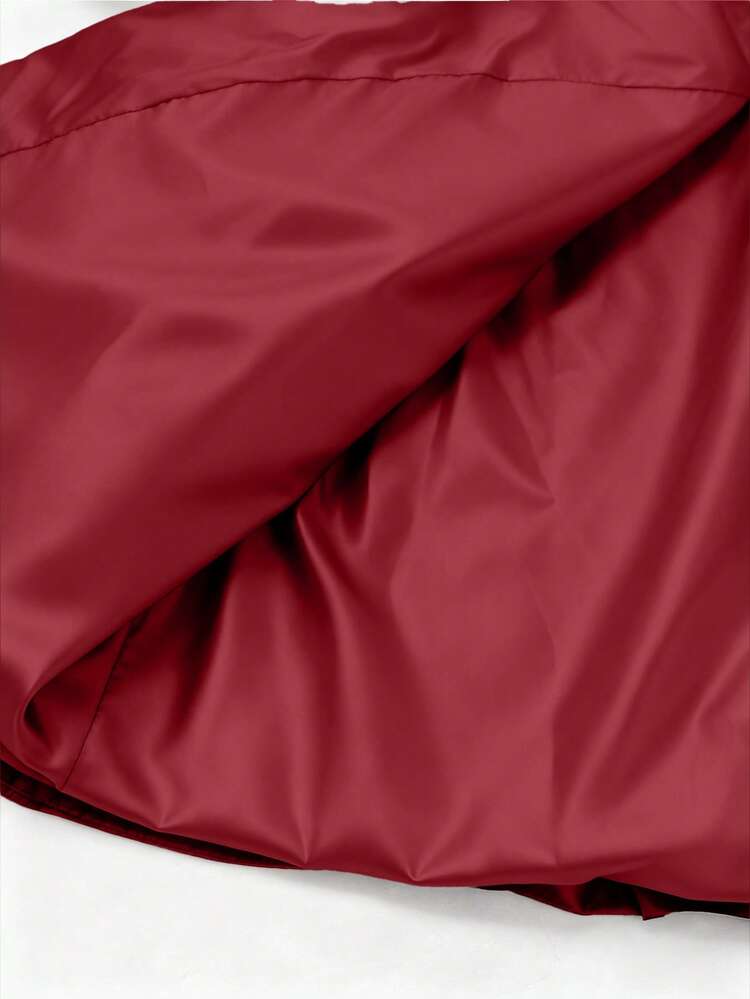 Plus Size Women Stand Collar Ruffle Zip-Up Fleece Hooded Jacket, Suitable For Winter Outerwear, Snow Season, Commuting - Red - View 6