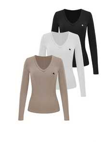 EMERY ROSE Set de 3 piese pentru femei, cu imprimeu cavaler, decolteu în V, mânecă lungă, croială slim fit, cu nervuri