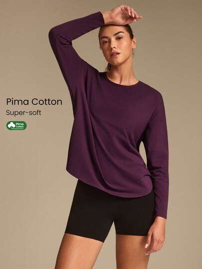 GLOWMODE Pima Cotton Oversized Long Sleeve Curved Slit Hem Round Neck Tee Daily Casual  Spring Summer
