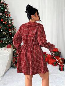 Elenzga Vintage French Style Christmas Red Plaid Ruffle Hem Babydoll Dress, Autumn/Winter - Red - View 2