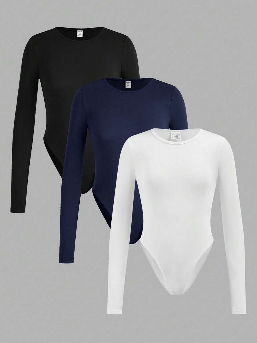 SHEIN Girlism Tween Girls' Slim Fit Casual Minimalist Comfortable Versatile Crew Neck Long Sleeve Jumpsuit, Multi-Pack - Navy Blue - View 1