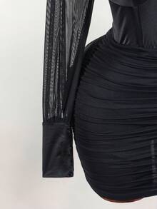 Amplova Vestido sexy plus size feminino com gola, detalhes em tule, mangas compridas e franzidos. - Preto - Ver 8