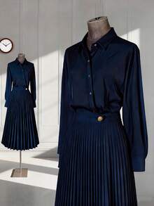 Franclia Vestido camisero azul ajustado de 2 en 1 con bajo plisado, para ir al trabajo y uso casual, unicolor, para primavera/otoño - Azul - Ver 6