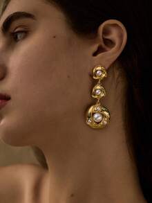 Opalesca Boucles d'oreilles pendantes en faux perles 18 carats, convenant pour un port quotidien - Doré - Voir 2