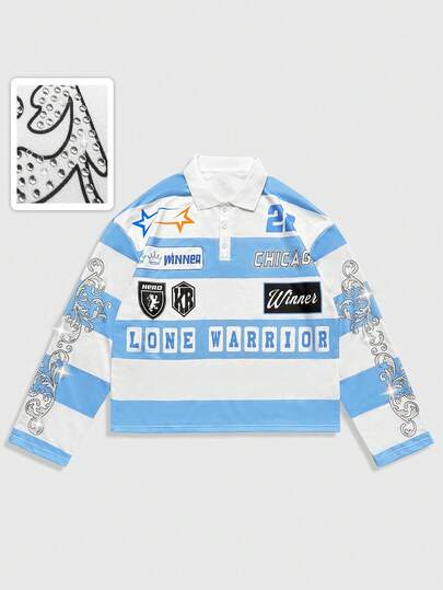 Prep Herren Lässig Gestreiftes Poloshirt mit halber Knopfleiste und Langarm