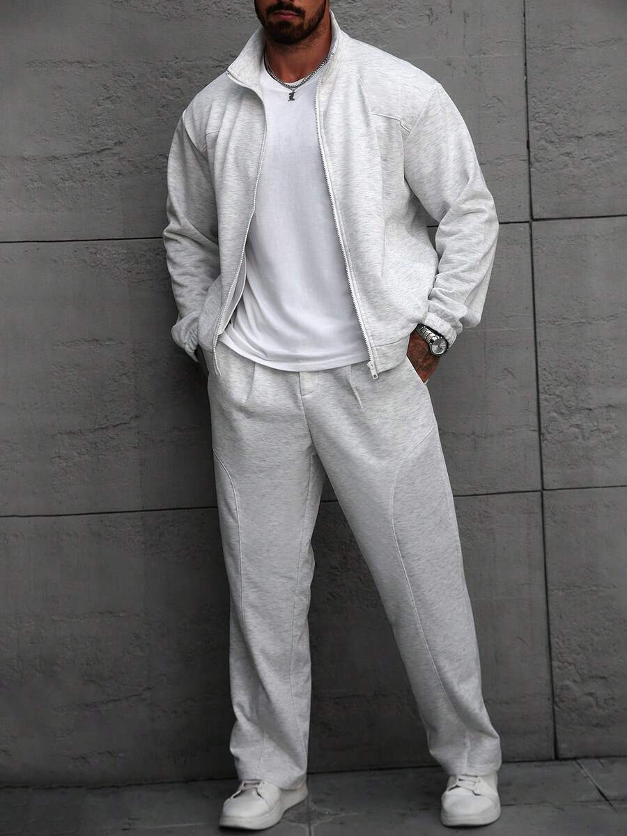 Manfinity CasualCool 男士立领拉链双口袋罗纹长袖卫衣+配套弹力腰拉链裤套装,休闲百搭,适合度假、日常约会、居家、办公、聚会等场合,简约风格,自穿或送礼皆宜。男士两件套裤装,男士灰白套装,男士运动套装,男士套装 - 灰色 - 查看 1