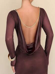 Rafferiza Chain Decor Backless Sexy Brown Mid-Length Dress For Women - Brown - View 2