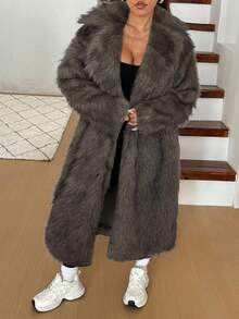 SHEIN EZwear 女士时尚仿皮草外套，适合冬季通勤 - 灰色 - 查看 5
