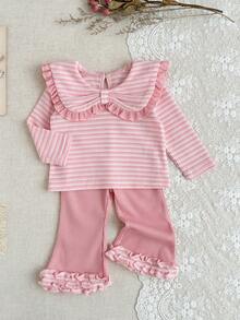 SHEIN 2pcs Baby Girls' Autumn/Winter Outfit, Sweet Princess Style Pink & White Striped Set, Essential For Outings & Family Gatherings, Made Of Waffle Knit Fabric; Top With Ruffled Collar & 3D Bow Accent, Striped Pattern Is Fresh & Cute; Bottom With Bell-Bottom Pants & Ruffled Hem