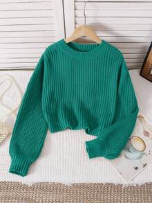 SHEIN 女童纯色简约日常穿搭短款圆领长袖套头衫 - 綠色 - 查看 5