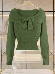 Franclia Sweater Rajut Wanita Model Sederhana dengan Kerah dan Pita, Bahu Terbuka, Lengan Panjang, Warna Polos - Hijau Tentara - View 4
