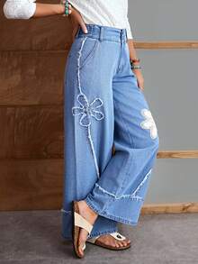 EMERY ROSE 女士花卉贴袋毛边宽松休闲牛仔裤 - 藍色 - 查看 5