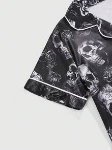ROMWE Gothic Skull & Rose All-Over Print Cardigan Shirt & Shorts Pajama Set - Black - View 4
