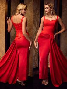 MOTF Soiréza Váy cocktail không tay cổ tim với viền bất đối xứng và váy satin dài có đường xẻ sau lưng và ruy băng rủ hai bên. Váy cocktail - Kiểu dáng ôm sát cho mùa mát mẻ, tiệc tùng trang trọng và đám cưới - Đỏ - Xem 8