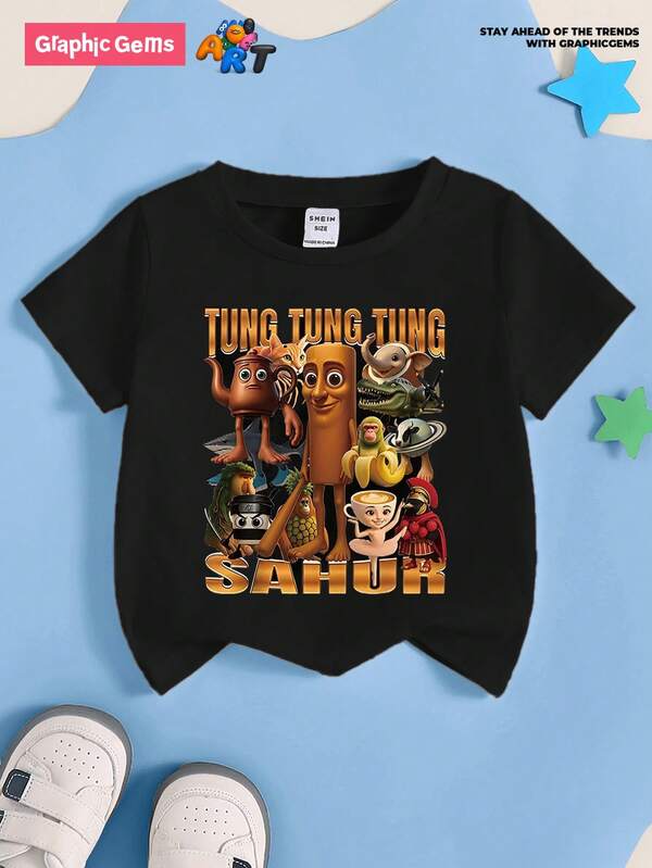 GraphicGems Camiseta divertida casual para meninos adolescentes com slogan "Tung Tung Tung Sahur" e estampa de estatueta de madeira, manga curta, gola redonda, camiseta com estampa de Brainrot italiano, tops