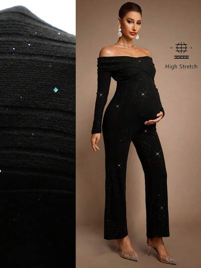 MaterniChic Mono con hombros descubiertos y brillo para mujer embarazada, elegante para fiestas