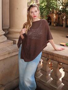 Turnttoni 1pc Elegant Off Shoulder Cover-Up Asymmetrical Hem Sheer Cover Up For All Seasons - Brown - View 1