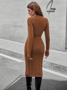 SHEIN LUNE 收腰长开衩优雅女式毛衣裙 - 棕色 - 查看 2
