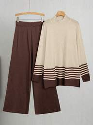 Linhara Conjunto de suéter de talla grande con parte superior de manga larga de cuello alto con estampado de rayas y pantalones de cintura elástica de un solo color para invierno