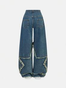 SHEIN Girlism 少女 Y2K 潮流星星拼接流苏低腰宽松阔腿牛仔裤，毛边下摆，斜口袋 - 中等水洗藍 - 查看 2