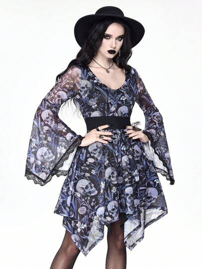 Goth Gothic Dark Style Witch Skull & Herb Print Contrast Lace Trim Asymmetrical Hem Flare Sleeve Dress