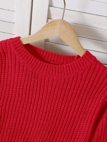 SHEIN 少女纯色圆领长袖短款毛衣，秋冬季少女套装针织女童服装，秋冬童装，儿童冬季毛衣，少女针织毛衣，长袖上衣，少女毛衣，青少年女孩毛衣，儿童冬季毛衣，针织毛衣，女童长款毛衣，秋季毛衣，儿童女童服装，秋冬服装，儿童套头衫，女童套头衫，女士毛衣，圆领毛衣，麻花针织毛衣，红色针织毛衣，红色女童毛衣，红色女童毛衣，宽松红色上衣，青少年女孩红色毛衣 - 紅色 - 查看 3