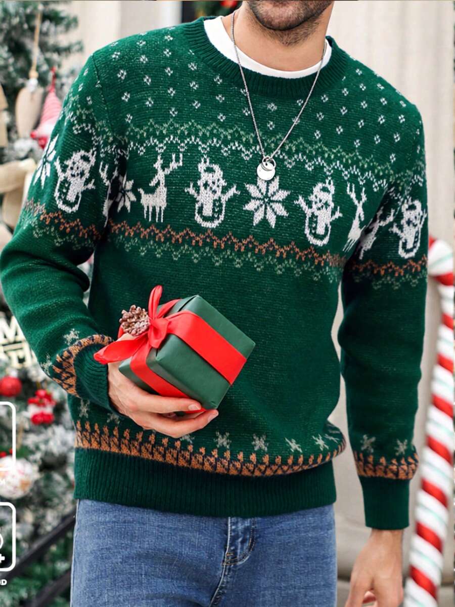 Manfinity Homme Men's Christmas Pattern Crew Neck Long Sleeve Sweater - Green - View 1