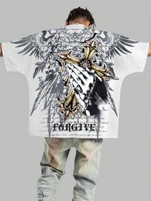 ROMWE MEN 男士字母十字印花圆领短袖休闲T恤 - 白色 - 查看 3