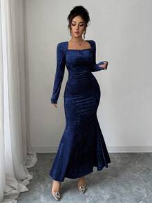 Elenzga 女士高领丝绒金色弹力针织修身连衣裙，优雅褶皱腰身鱼尾下摆，适合工作、约会、派对等场合，长袖，及地长款，秋冬季 - 藏蓝色 - 查看 3