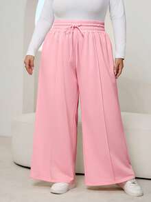 SHEIN CURVE+ Plus Size Women Casual Loose Drawstring Waist Wide Leg Sweatpants - Pink - View 7