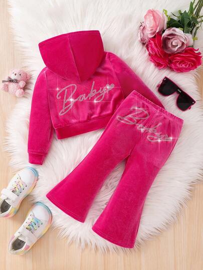 SHEIN Fashionable And Cute Baby Girl 2Pcs Sets Rhinestone Letter Pattern Velvet Hoodie & Flare Pants ,Sweatpants, Outfits,Cute & Casual & Vintage,Great For Casual & Daily Wear & School Daily In Summer & Autumn,For Christmas