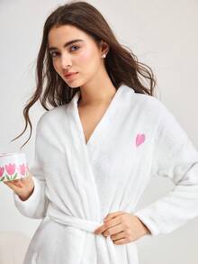 Bonmuse 1 buah Jubah Wanita Flanel Warna Polos Elegan Leher V Lengan Panjang Berpinggang, Musim Gugur/Musim Dingin, Untuk Musim Gugur Musim Dingin, Lembut untuk Musim Panas - Putih - View 7
