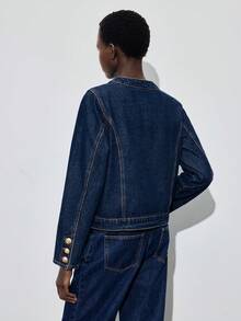 Maija 女士秋冬单排扣长袖多口袋休闲牛仔夹克，适合都市通勤和商务休闲场合 - 中等水洗藍 - 查看 5