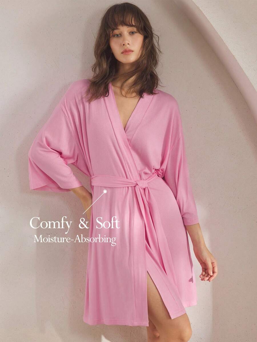 Ocili Comfortable Ribbed Soft & Smooth Robe Sleepwear For Women, Cozy Outfit, Fall & Winter - Pink - View 1