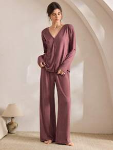Ocili Minimalist Comfortable Collarless Soft Women Lounge Set Sleep Wear Women Loose V Neck Lounge Wear, Winter Clothes - Redwood - View 4