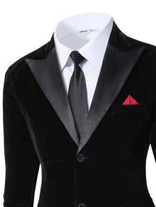 SHEIN 2pcs/Set Teen Boy Gentleman Outfit, Black Contrast Collar & Chest Slim Fit Single Layer Velvet Blazer Jacket + Black Textured Dress Pants, Elegant, Casual Outdoor Formal Suit For Birthday Party, Gala, Performance, Hosting, Wedding Season, Birthday, Wedding, Wedding Guest, Pageboy, Ring Boy - Black - View 5