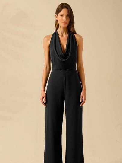 CAJUNI Women's Black Draped Halter Wide-Leg Jumpsuit | Silky Smooth Fabric, Graceful Cowl Neckline, Sleeveless, Elegant High Waist, Flattering Wide-Leg Silhouette, Sexy Open Back With Self-Tie Halter Straps, Refined Minimalist Detailing, Perfect For Cocktail Evening, Date Night & Stylish Gatherings, Romantic Elegant Fall Party Wear,Valentine's Day,Chic Evening Jumpsuit,Elegant Jumpsuit For Women,Valentine's Day, Draped Neck Jumpsuit, Sleeveless Jumpsuit, Black Jumpsuit Women Elegant,Valentine's Day