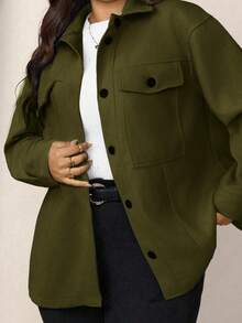 Zelara Plus Size Casual Solid Color Jacket, Autumn - Army Green - View 6