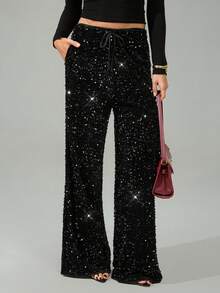 SHEIN Tall 女式黑色天鹅绒闪亮亮片休闲/音乐会/鸡尾酒会/夜间外出/狂欢节抽绳阔腿裤 - 黑色 - 查看 6