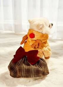 PETSIN 1 件宠物卡其色格子驯鹿服装连帽连衣裙，圣诞节 - 棕色 - 查看 6