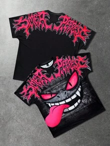 ROMWE MEN Anime 男士夏季卡通字母图案T恤 - 黑色 - 查看 3