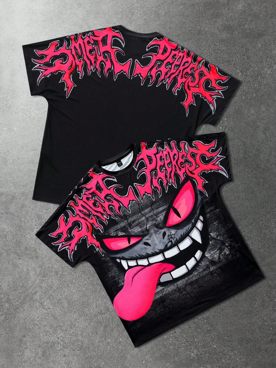 ROMWE MEN Anime Men's Cartoon & Letter Graphic T-Shirt For Summer - Black - View 1