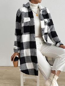 Chiquease Women's Plaid Drop Shoulder Long Sleeve Single-Breasted Casual Fleece Jacket, Autumn/Winter - Black and White - View 4