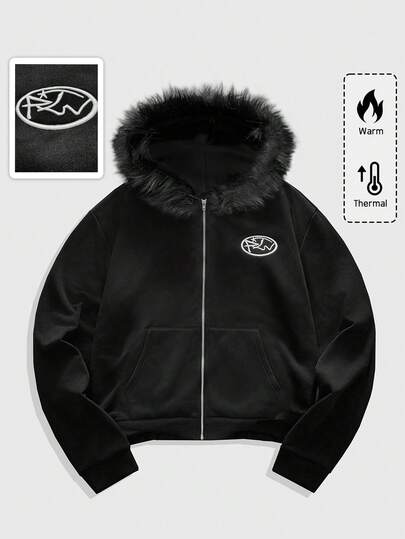 Men's Autumn/Winter Embroidered Zip-Up Hooded Sweatshirt With Fur Collar