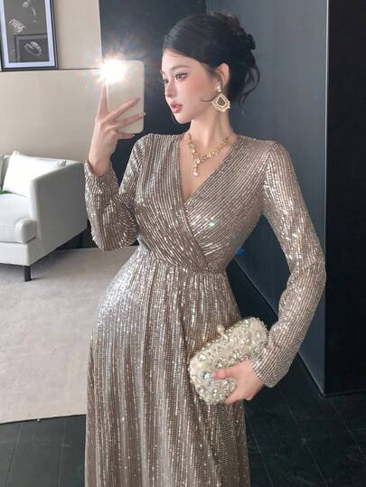 DAZY Elegant Sequin Dress, High-End Luxury Niche Party Gown Prom Dress New Years Women Outfit Carnival Sparkly Dress