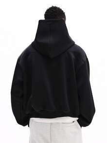 SUMWON 男士宽松全拉链连帽衫，带抽绳帽，冬季休闲卫衣，纯色 - 黑色 - 查看 4