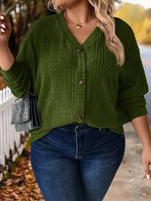 SHEIN LUNE Áo thun nỉ sọc tay dài hở vai màu trơn cỡ lớn dành cho nữ - Màu xanh lá cây đậm - Xem 1